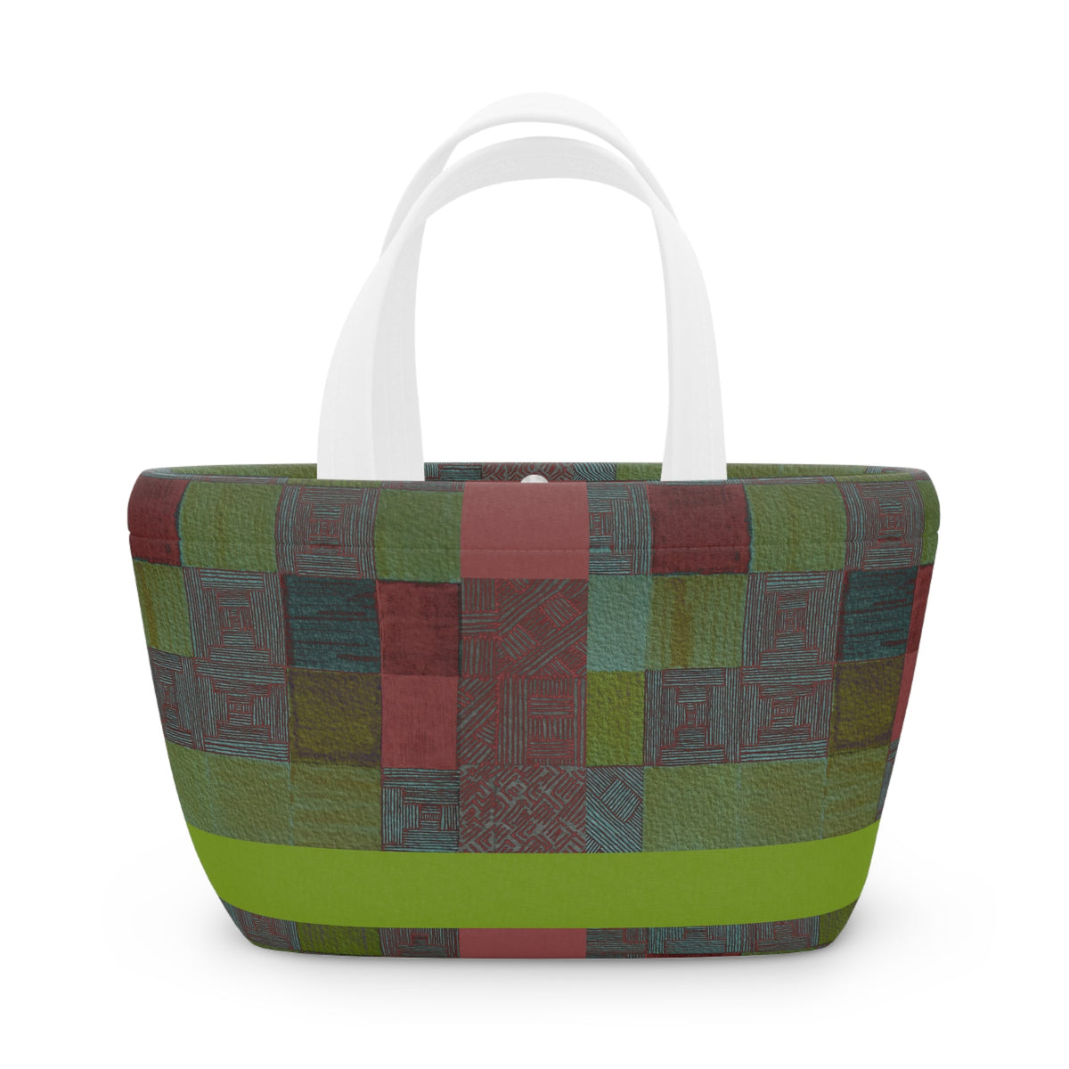 Patchwork Plaid Lunch Bag — Insulated Retro Green & Red Tote showcasing a unique patchwork design. Ideal for back to school or casual outdoor meals, this insulated lunch bag doubles as a chic eco lunch bag. Perfect for everyday lunch use or as a gift for coworkers, it’s the ultimate small cooler bag for work lunches and picnics.