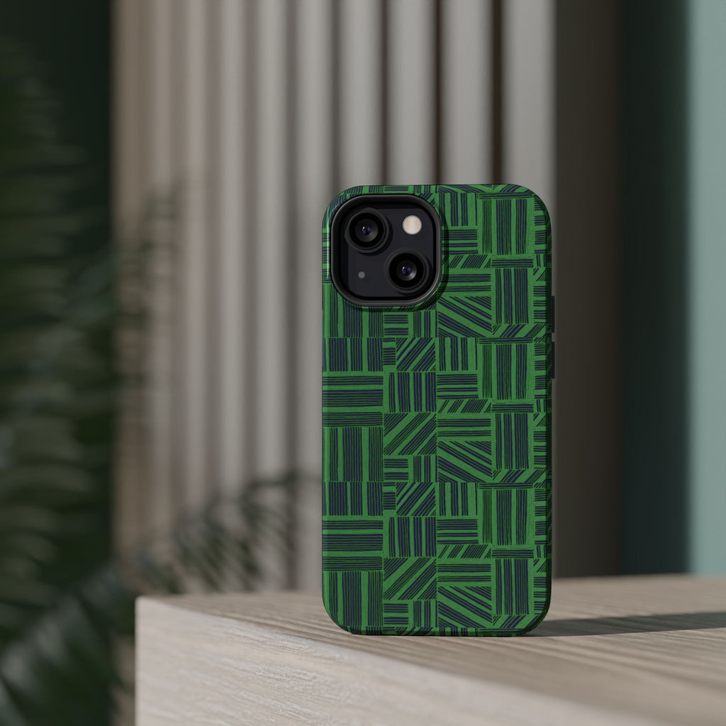 Green Magnetic Phone Case — 2-Layer Geometric MagSafe-Compatible Impact-Resistant Cover, green magnetic phone case- price match with CASETiFY and Casely, detailed bottom edge with port and speaker openings.