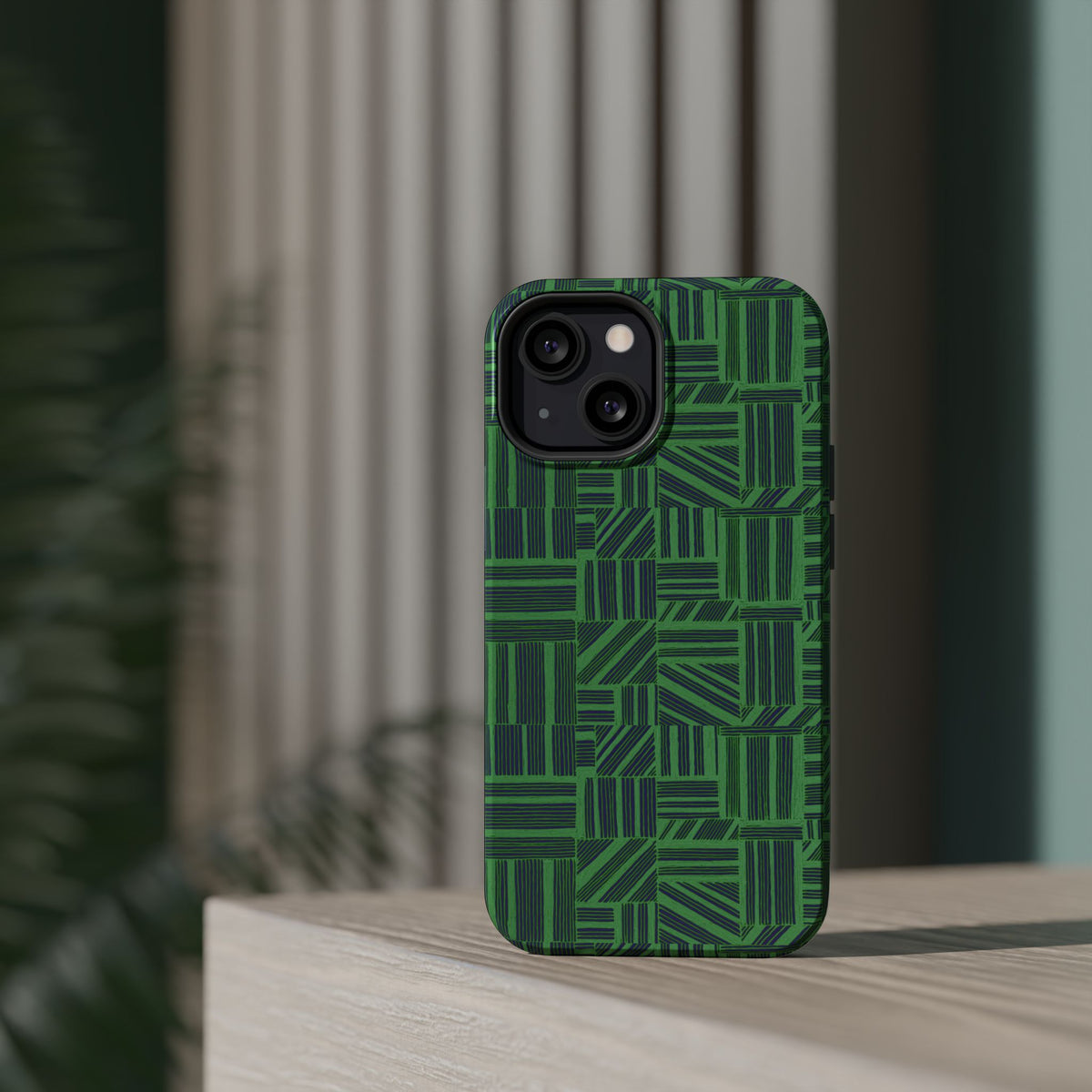 Green Magnetic Phone Case — 2-Layer Geometric MagSafe-Compatible Impact-Resistant Cover, green magnetic phone case- price match with CASETiFY and Casely, detailed bottom edge with port and speaker openings.