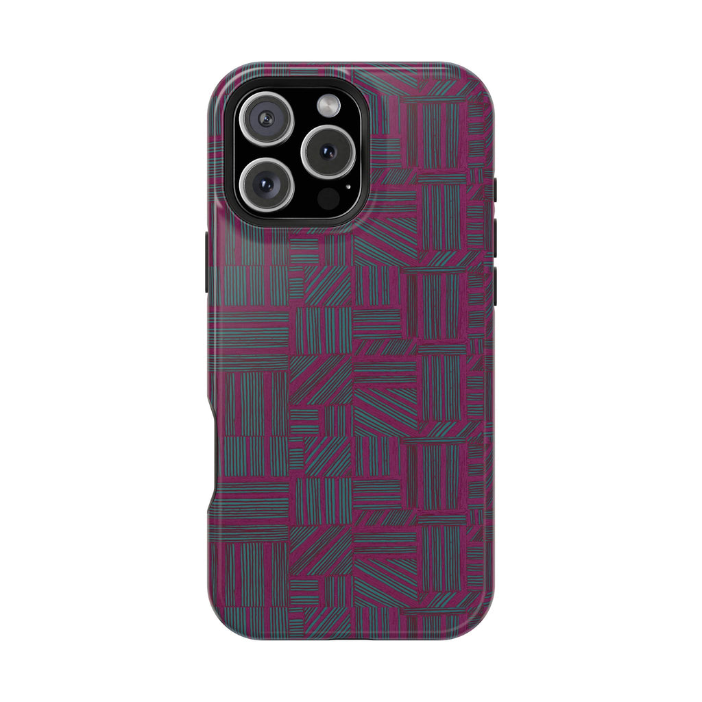 Slim Protective Phone Case With MagSafe, Dual-Layer Impact Protection, Plum Geometric Design, close horizontal camera cutout and geometric print; slim protective iphone 16 promax  case.