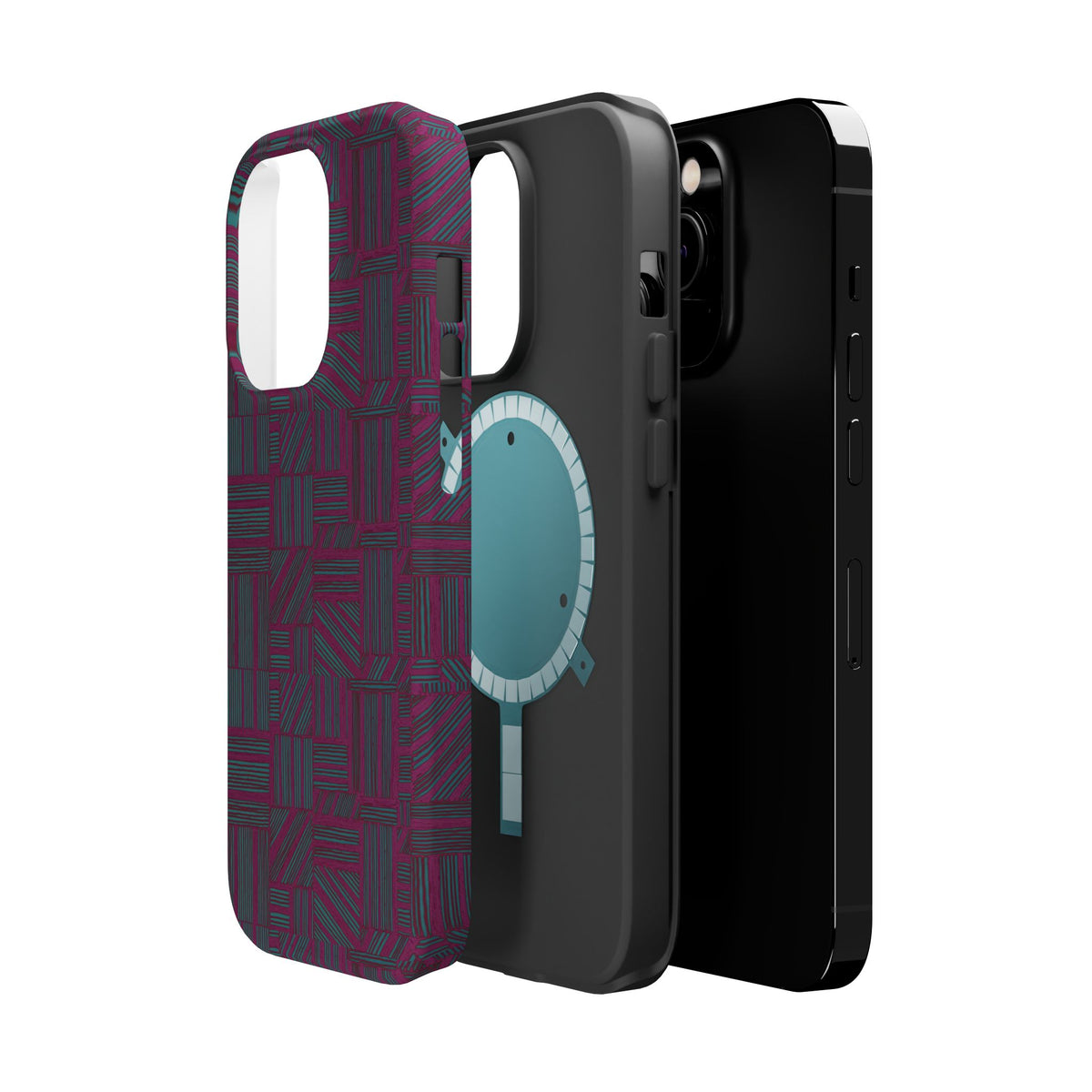 Slim Protective Phone Case With MagSafe, Dual-Layer Impact Protection, Plum Geometric Design, side angle emphasizing slim impact protection; slim protective iphone 16 promax  case.