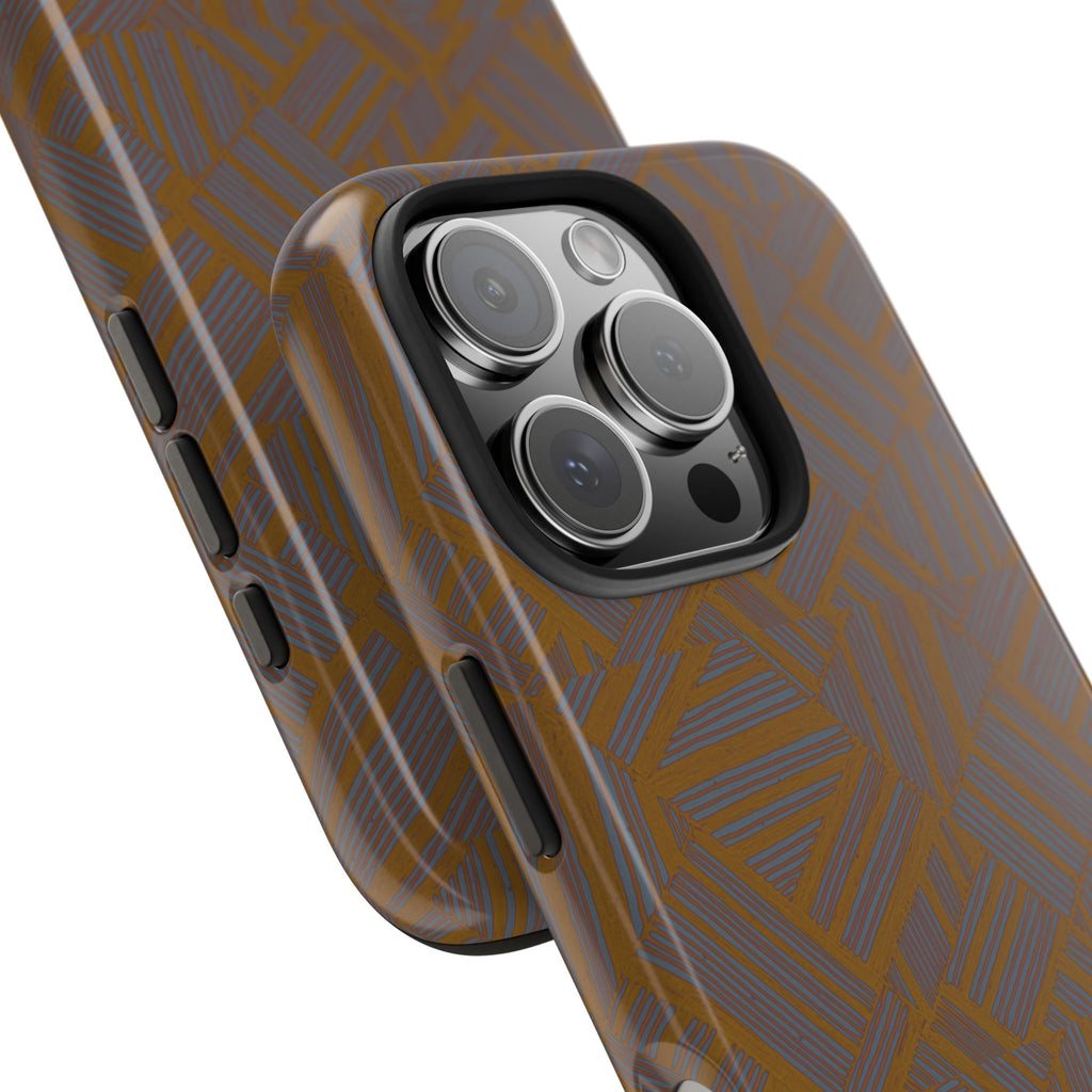 Tough Phone Case — Geometric Maze Brown Protective Cover, wireless charging iphone 18 pro max case showing a detailed triple-camera cutout and side buttons.