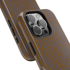 Tough Phone Case — Geometric Maze Brown Protective Cover, wireless charging iphone 18 pro max case showing a detailed triple-camera cutout and side buttons.
