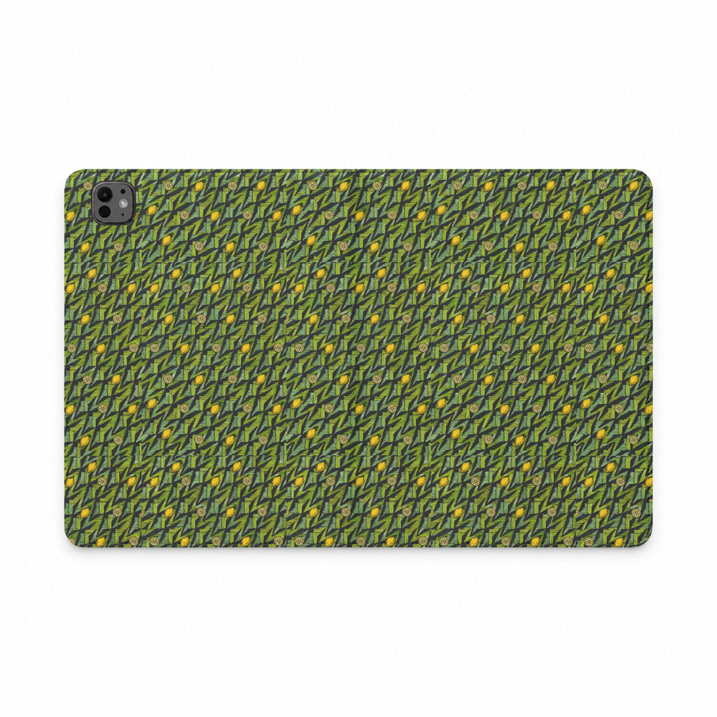 Green Botanical Pattern Tablet Folio Case, a vegan leather tablet case with vivid moss-green leaf pattern and precise camera opening