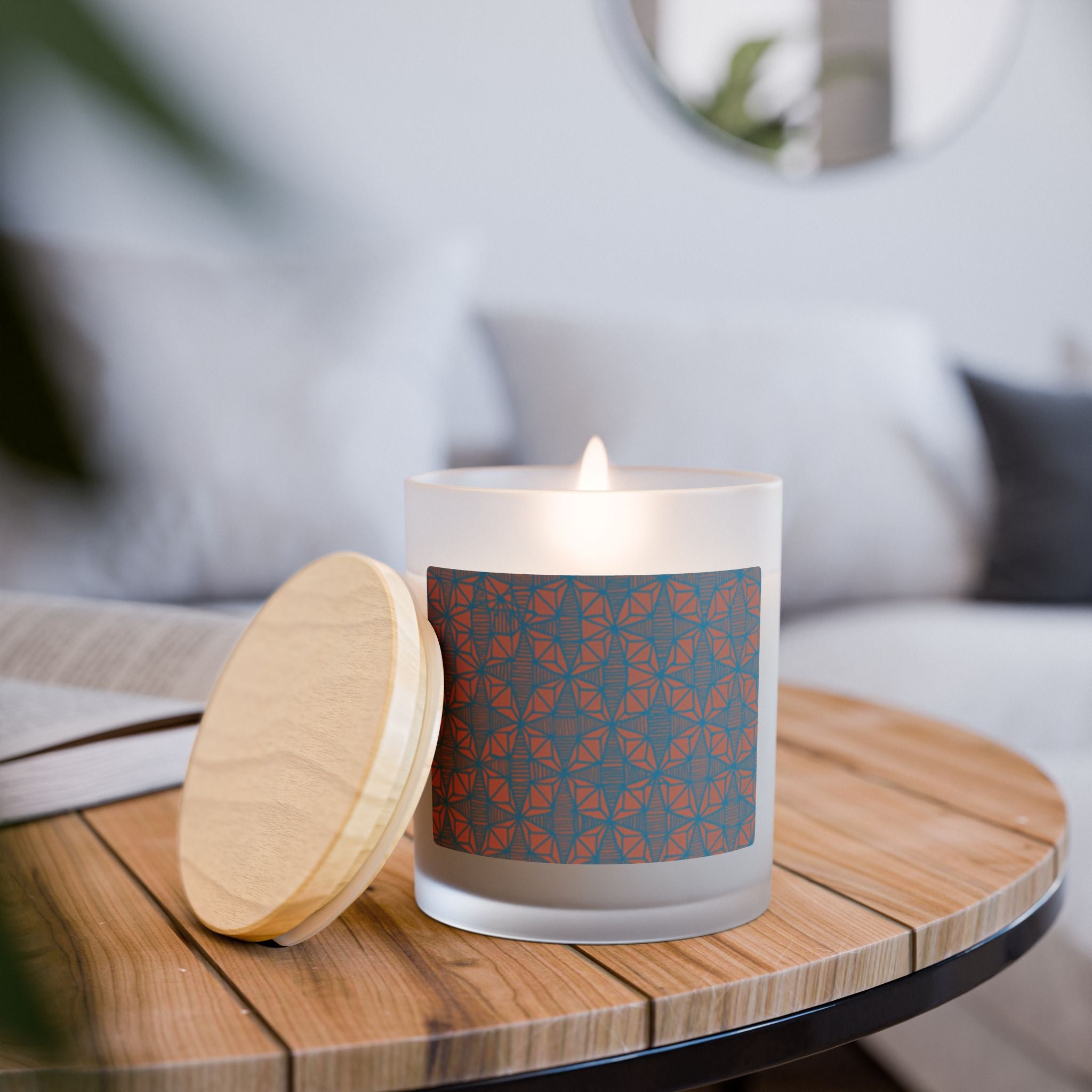 Frosted Glass Candle — Warm Geometric Pattern Scented Candle for Home placed on a wooden table, showcasing the flickering wooden wick in a cozy atmosphere.