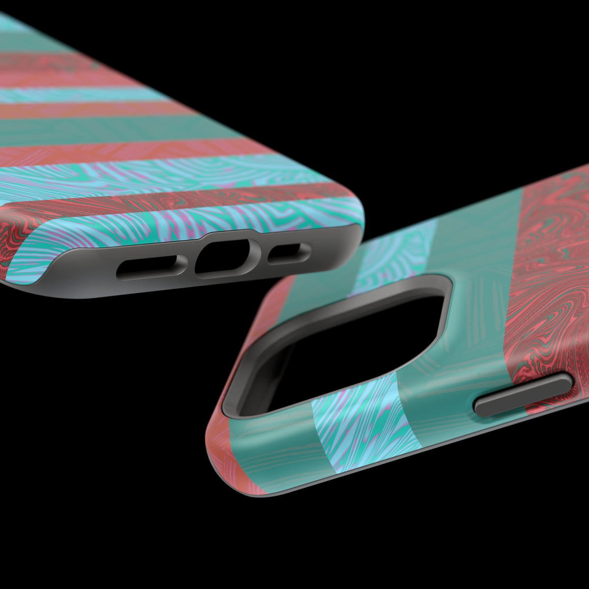 Striped Teal & Coral Magnetic Impact Phone Case detailed port and speaker openings, Fractyl magsafe compatible iphone 18 pro max case