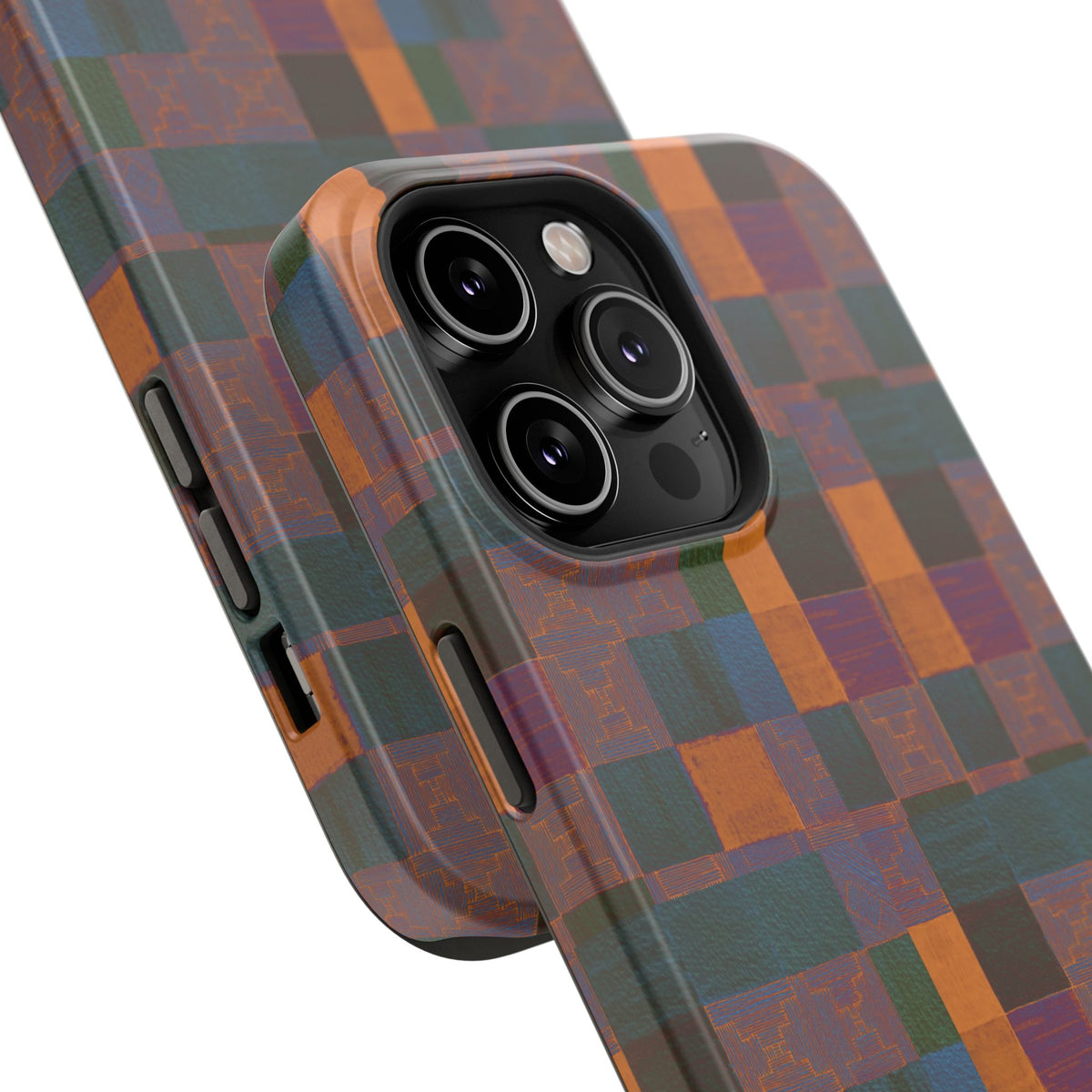 Impact-Resistant Phone Case — Retro Checkerboard Pattern, Fractyl wireless charging iphone 18 pro case with richly colored checkerboard squares and a protective raised edge.