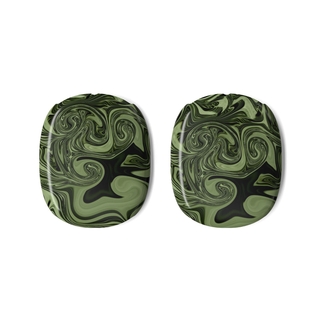 Artful AirPods Max Case — Olive Green Marble Swirl, Lightweight & Scratch-Resistant Design displayed as a matching pair of protective headphone ear cup covers. Apple airpods max 2ccase with eye-catching olive green marble swirl pattern.