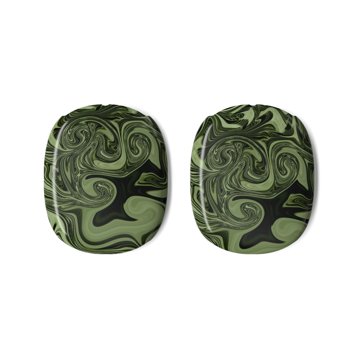 Artful AirPods Max Case — Olive Green Marble Swirl, Lightweight & Scratch-Resistant Design displayed as a matching pair of protective headphone ear cup covers. Apple airpods max 2ccase with eye-catching olive green marble swirl pattern.