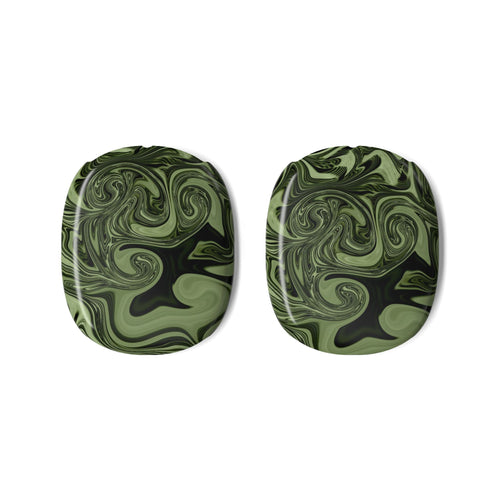 Artful AirPods Max Case — Olive Green Marble Swirl, Lightweight & Scratch-Resistant Design displayed as a matching pair of protective headphone ear cup covers. Apple airpods max 2ccase with eye-catching olive green marble swirl pattern.
