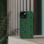 Green Magnetic Phone Case — 2-Layer Geometric MagSafe-Compatible Impact-Resistant Cover, green magnetic phone case- price match with CASETiFY and Casely, bottom cutouts and slim protective edge detail.