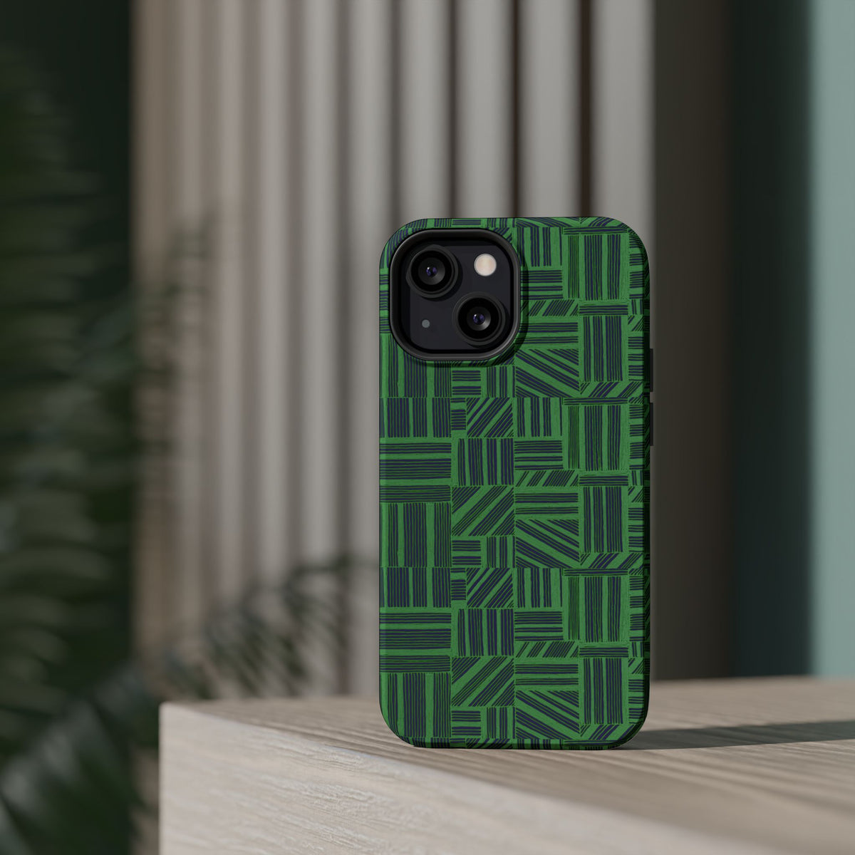 Green Magnetic Phone Case — 2-Layer Geometric MagSafe-Compatible Impact-Resistant Cover, green magnetic phone case- price match with CASETiFY and Casely, bottom cutouts and slim protective edge detail.