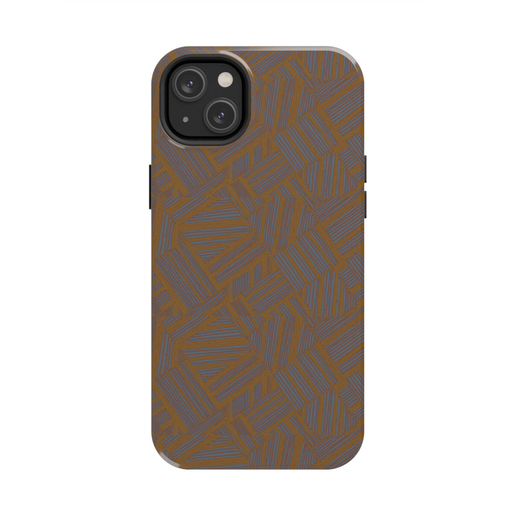 Tough Phone Case — Geometric Maze Brown Protective Cover, wireless charging iphone 18 pro max case with modern linear geometric artwork.