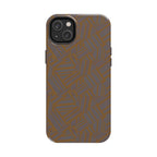 Tough Phone Case — Geometric Maze Brown Protective Cover, wireless charging iphone 18 pro max case with modern linear geometric artwork.