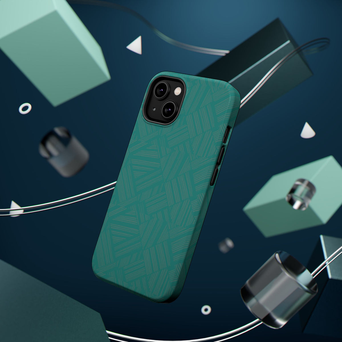 Magnetic Impact-Resistant Phone Case — Teal Geometric Protective Cover, magnetic iphone 18 pro case exploded triple-camera model