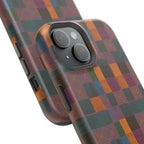 Impact-Resistant Phone Case — Retro Checkerboard Pattern, Fractyl wireless charging iphone 18 pro case shown from an angled rear perspective with colorful patchwork artwork.