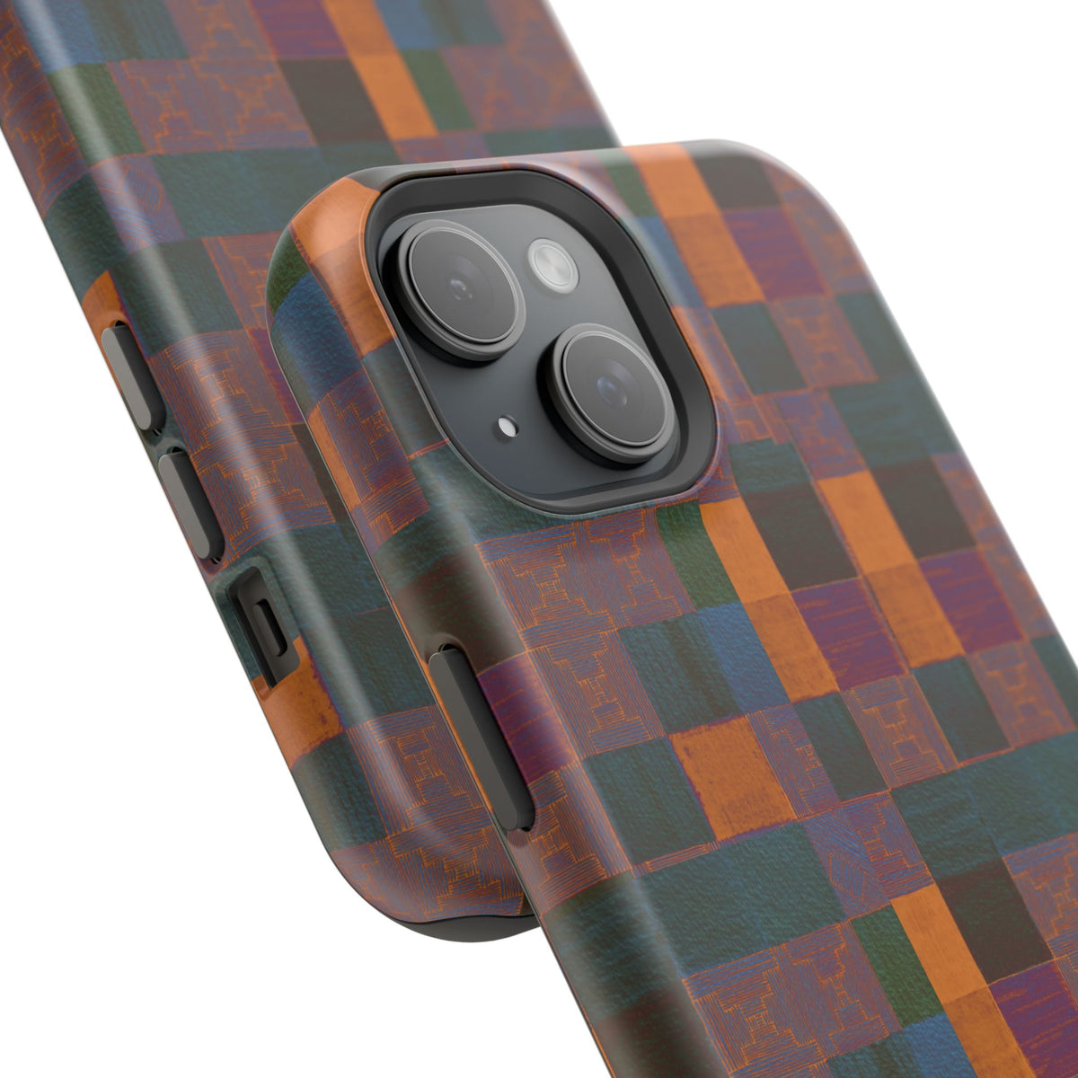 Impact-Resistant Phone Case — Retro Checkerboard Pattern, Fractyl wireless charging iphone 18 pro case shown from an angled rear perspective with colorful patchwork artwork.
