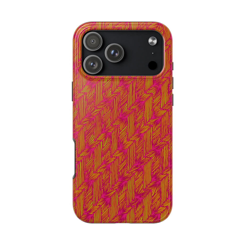 Tough Phone Case — Vibrant Tropical Herringbone Pattern, impact resistant iphone 17 case featuring a single horizontal camera opening