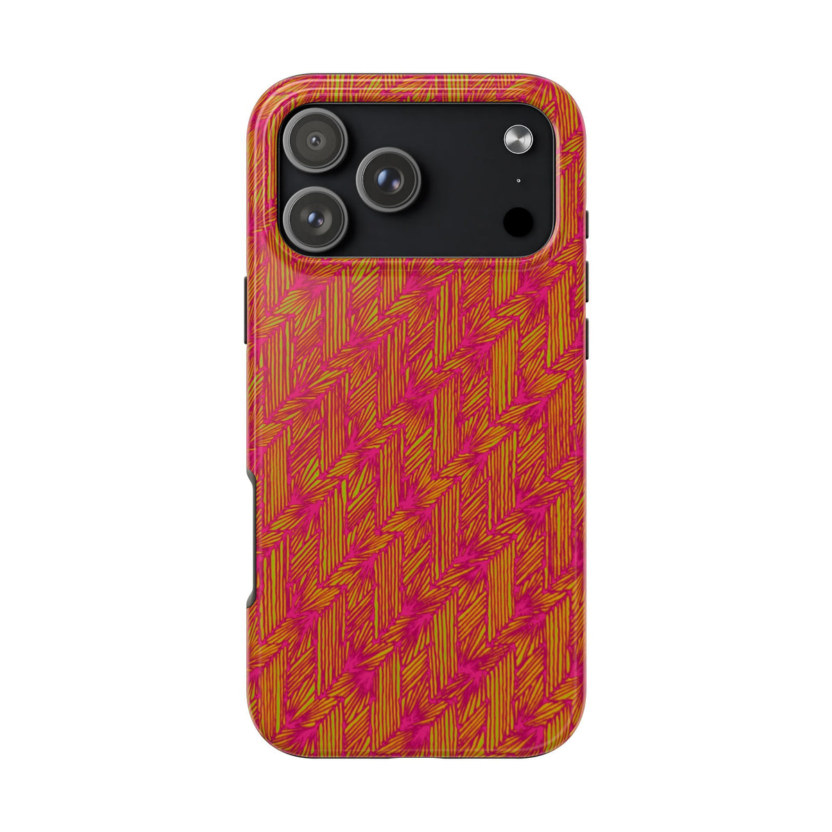 Tough Phone Case — Vibrant Tropical Herringbone Pattern, impact resistant iphone 17 case featuring a single horizontal camera opening