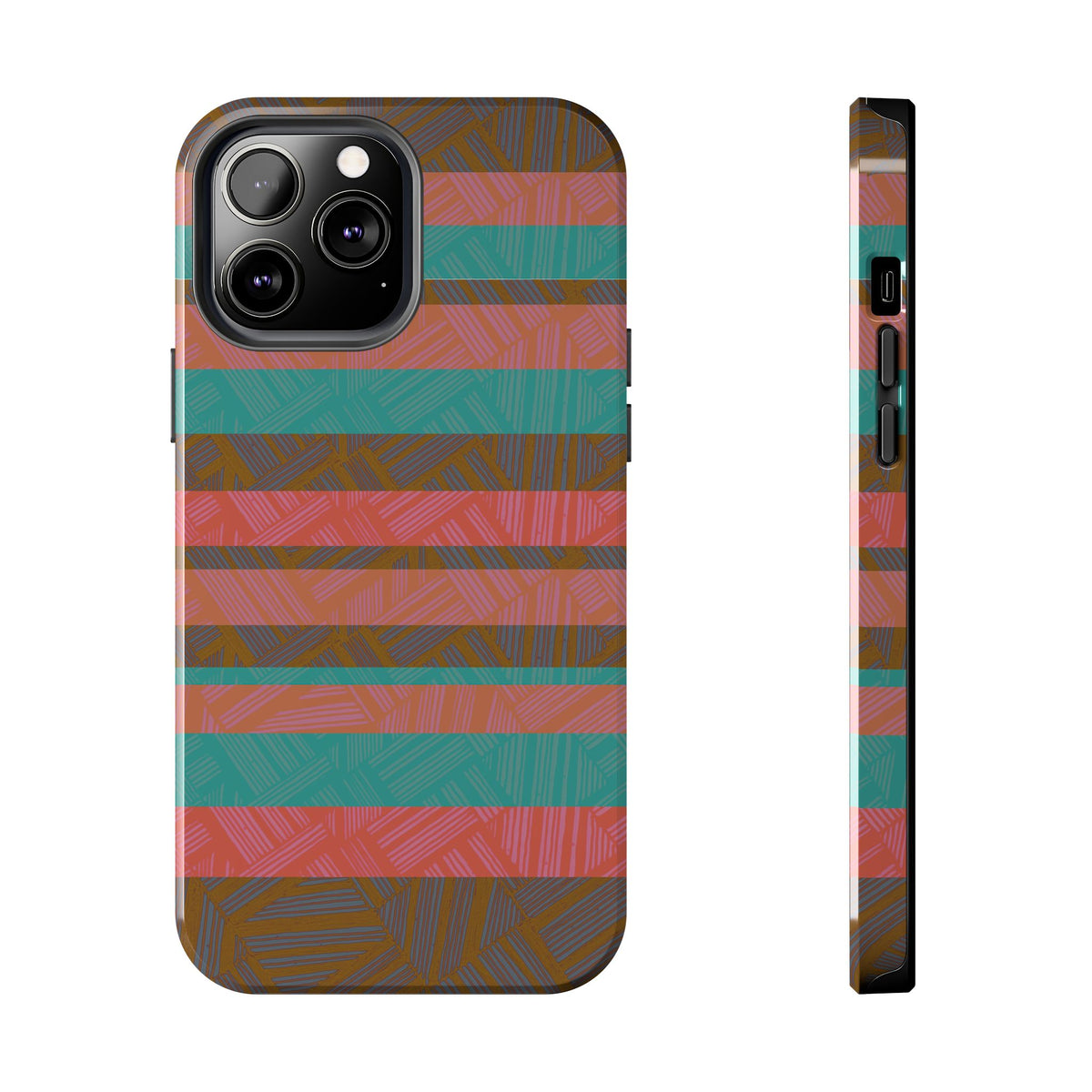 Striped Tribal Tough Phone Case — Retro Teal & Coral Protective Cover with geometric woodgrain pattern on a fractyl shockproof iphone 17 pro case