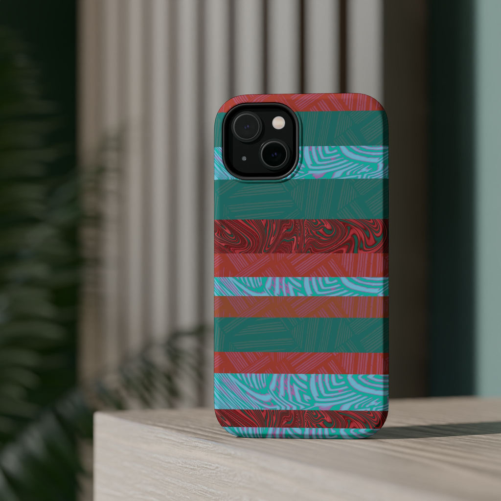 Striped Teal & Coral Magnetic Impact Phone Case close-up of textured color bands, Fractyl magsafe compatible iphone 18 pro max case