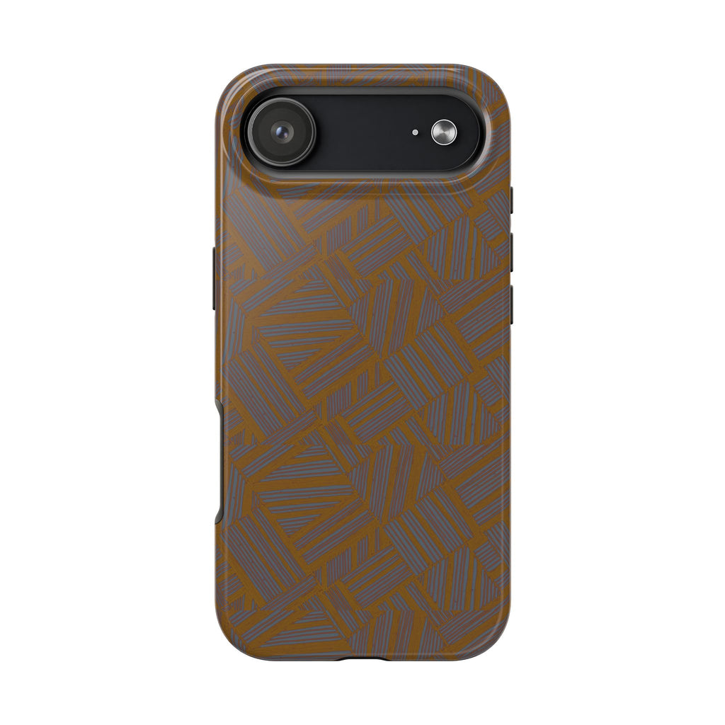 Tough Phone Case — Geometric Maze Brown Protective Cover, wireless charging iphone 18 pro max case displaying the repeating maze-inspired brown pattern.