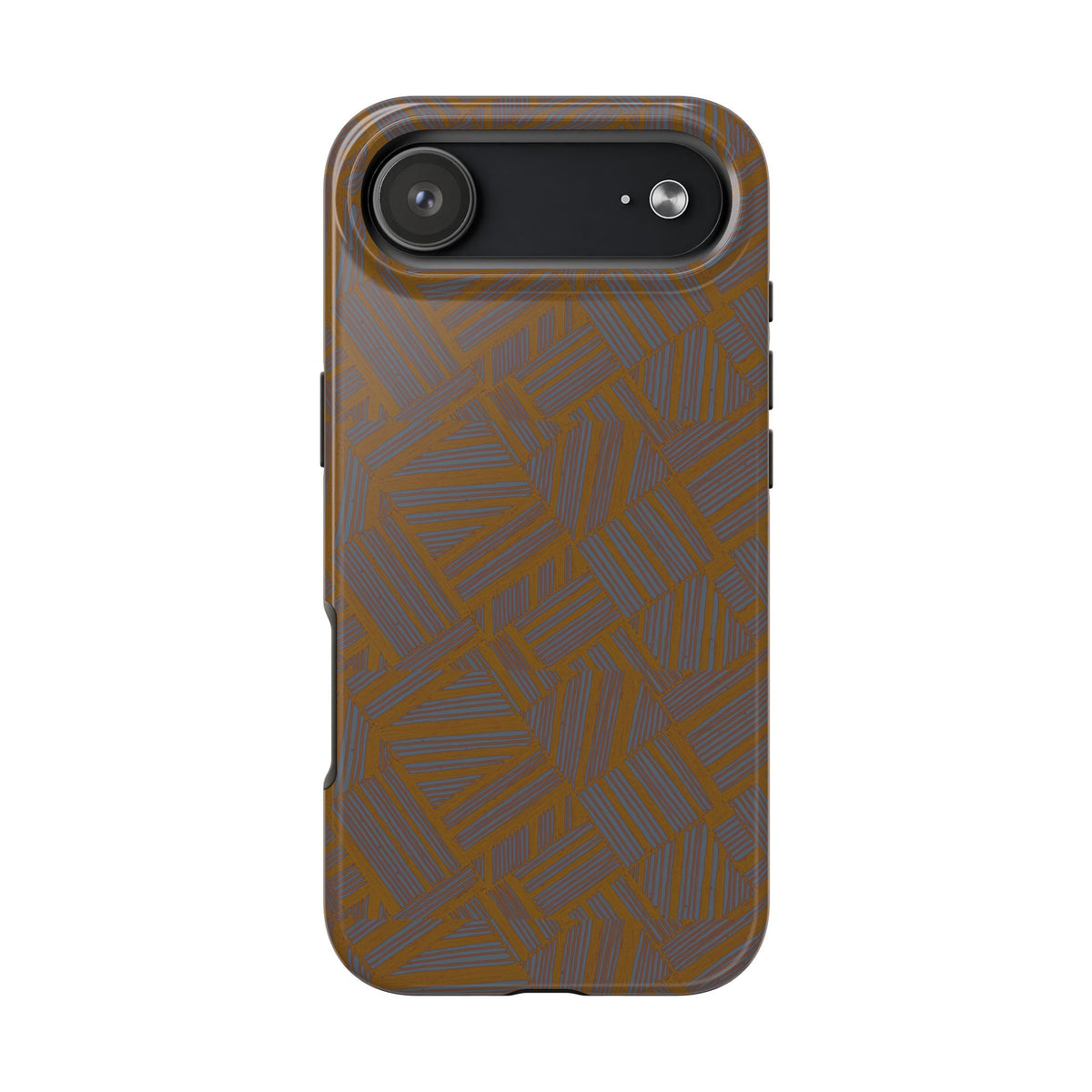 Tough Phone Case — Geometric Maze Brown Protective Cover, wireless charging iphone 18 pro max case displaying the repeating maze-inspired brown pattern.