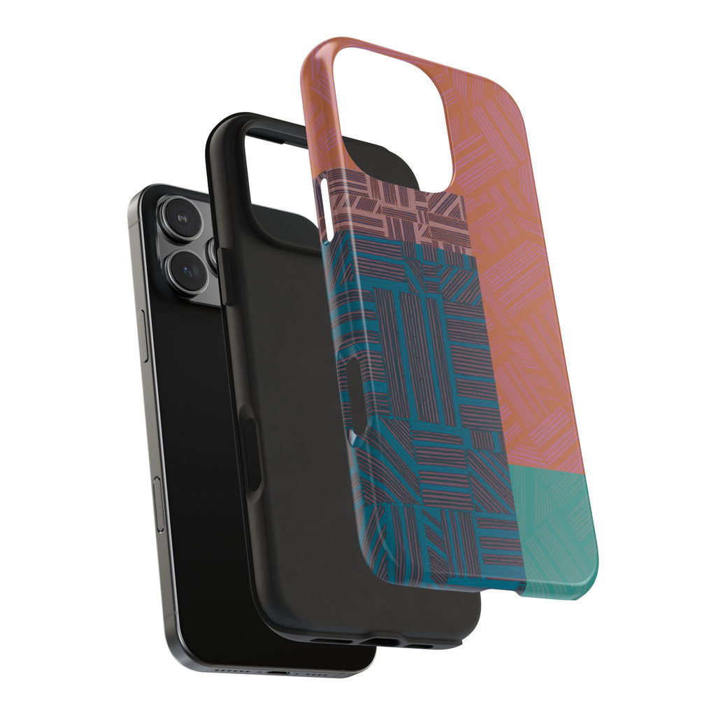 Abstract Geometric Tough Phone Case — Retro Block Pattern, retro iphone 18 pro max case angled to showcase its raised bezel and premium glossy finish.