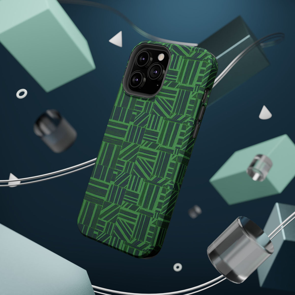 Green Magnetic Phone Case — 2-Layer Geometric MagSafe-Compatible Impact-Resistant Cover, green magnetic phone case- price match with CASETiFY and Casely, macro view of triple-lens camera protection.