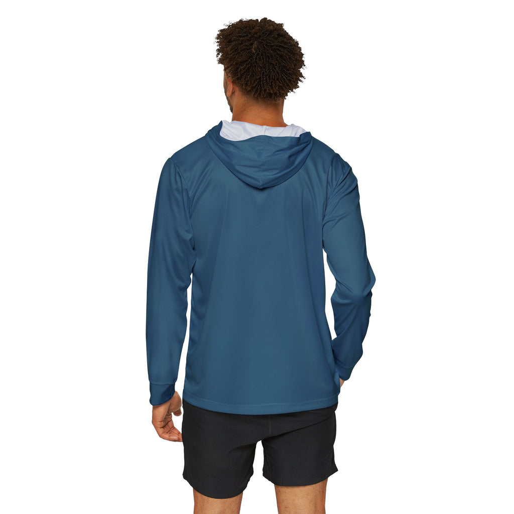 Back view of a model wearing the Camo Performance Warmup Hoodie with a solid teal hood and sleeves, showcasing a lightweight camo hiking hoodie.