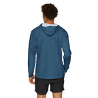 Back view of a model wearing the Camo Performance Warmup Hoodie with a solid teal hood and sleeves, showcasing a lightweight camo hiking hoodie.