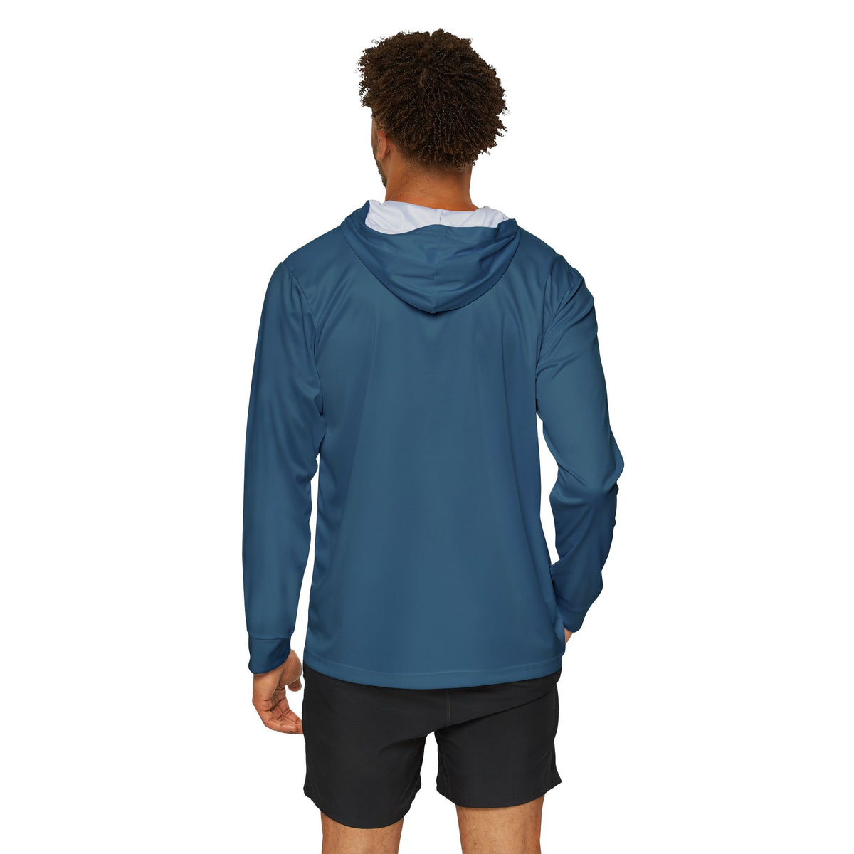 Back view of a model wearing the Camo Performance Warmup Hoodie with a solid teal hood and sleeves, showcasing a lightweight camo hiking hoodie.