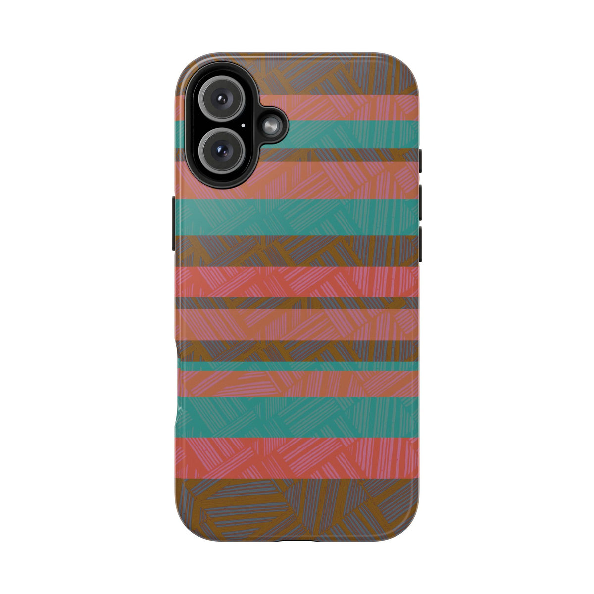 Striped Tribal Tough Phone Case — Retro Teal & Coral Protective Cover designed for a wide camera module on a durable fractyl shockproof iphone 17 pro case