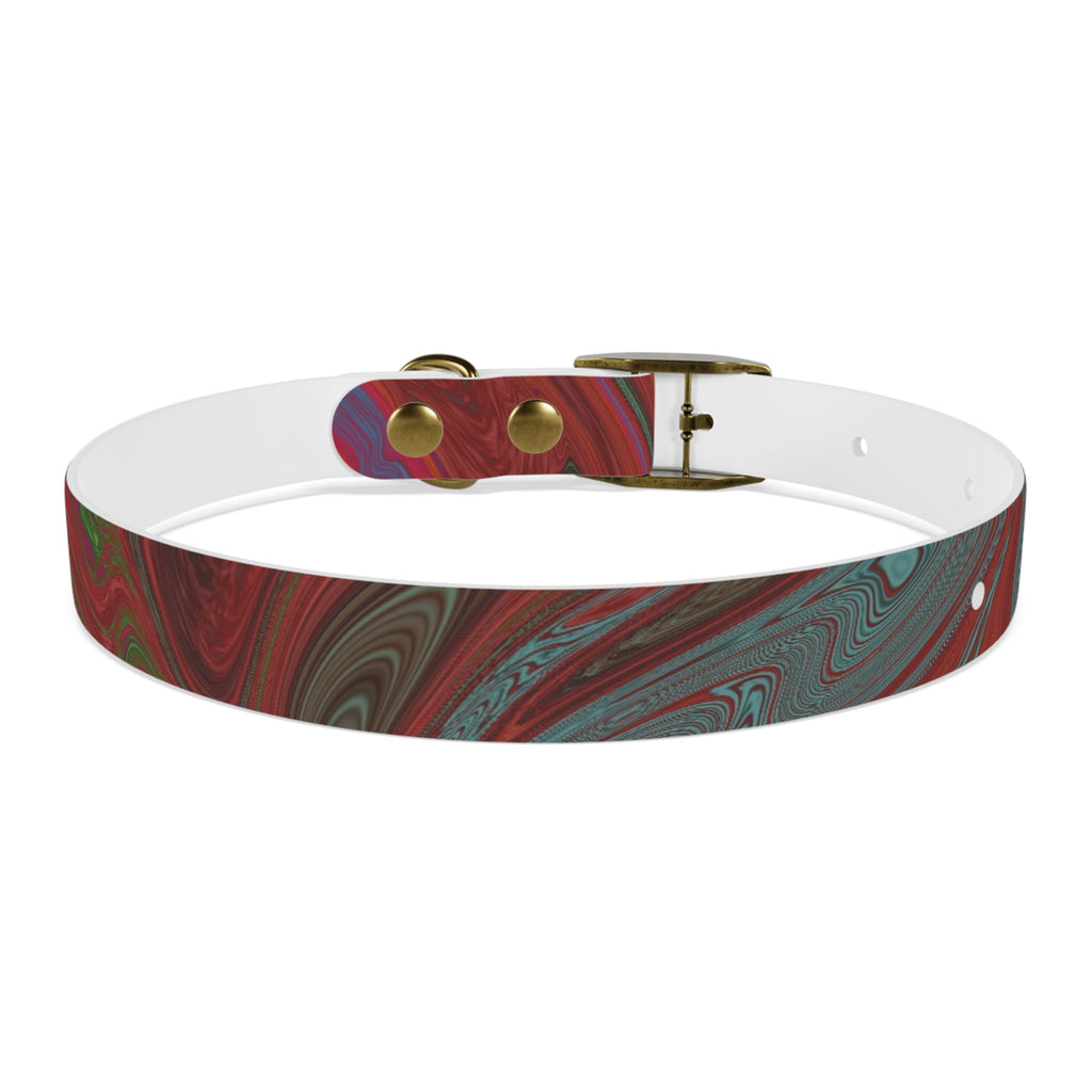 Rose gold buckle close-up on the Marbled Swirl Dog Collar — Red & Teal Abstract Pet Collar, a perfect representation of hypoallergenic dog collar function.