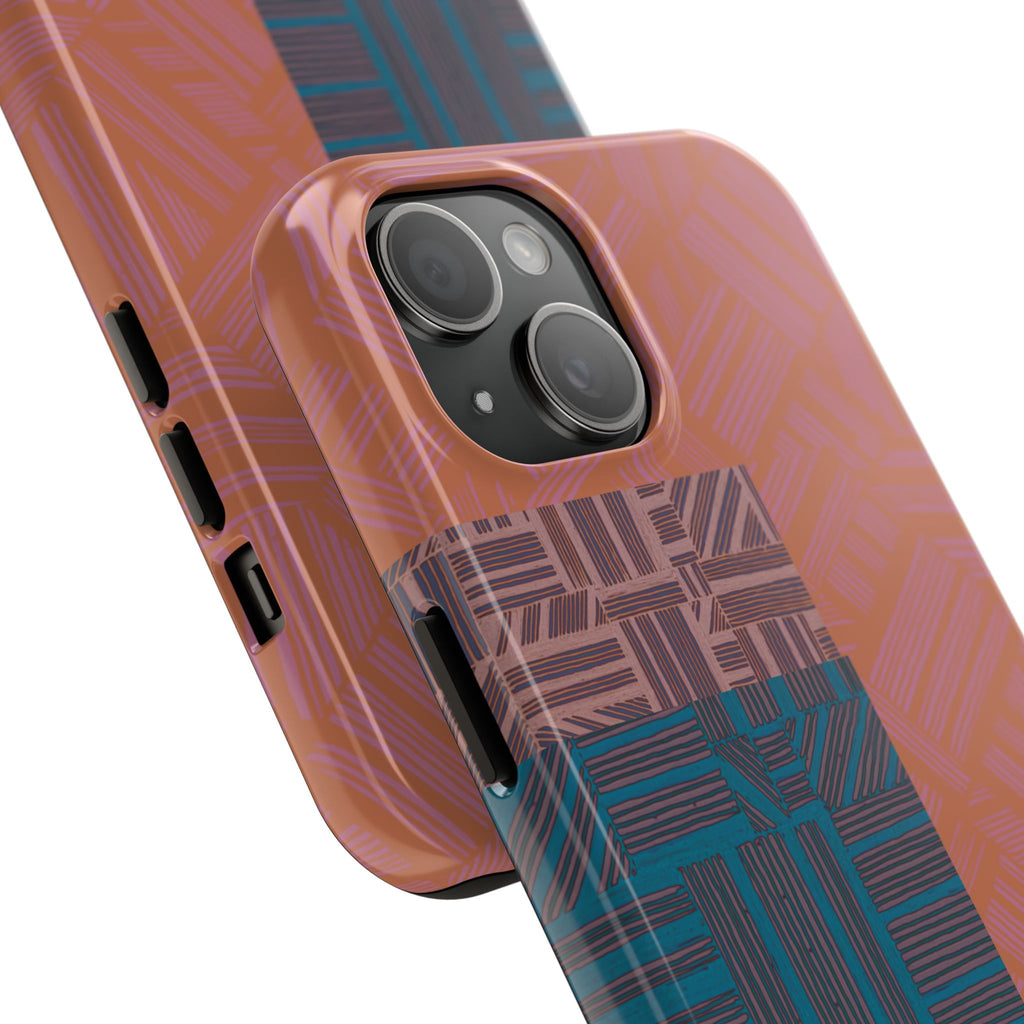 Abstract Geometric Tough Phone Case — Retro Block Pattern, retro iphone 18 pro max case shown with bottom speaker and charging port openings.