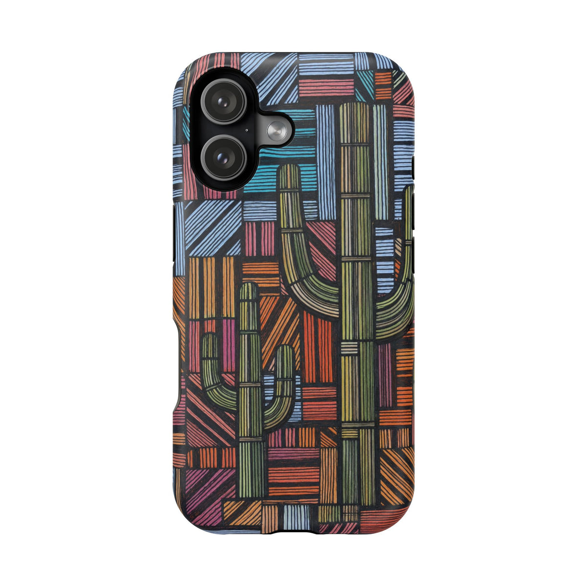Magnetic Impact-Resistant Phone Case — Geometric Cactus Pattern shown on a phone, featuring a durable impact resistant iphone 17 pro case with vibrant multicolor cactus artwork.