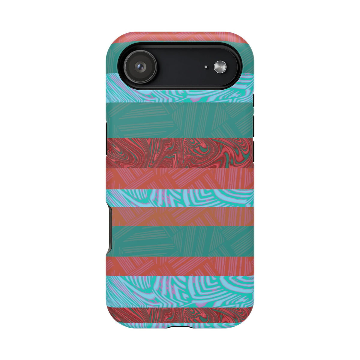 Striped Teal & Coral Magnetic Impact Phone Case side controls and camera opening, Fractyl magsafe compatible iphone 18 pro max case