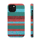 Striped Teal & Coral Magnetic Impact Phone Case front and side view, Fractyl magsafe compatible iphone 18 pro max case with bold marbled bands