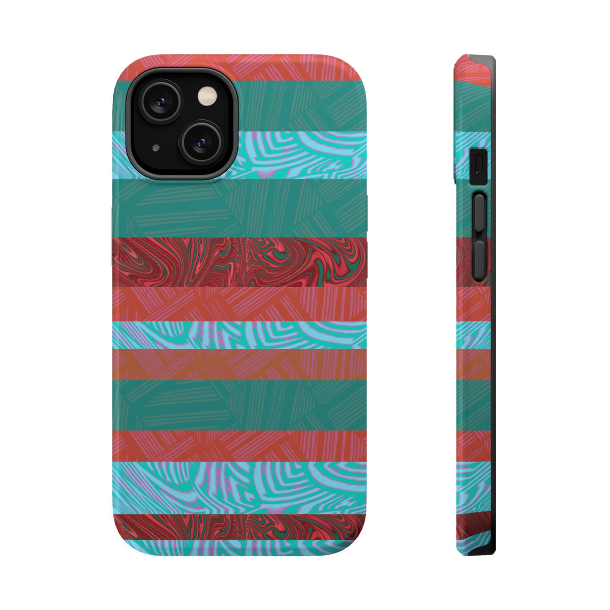 Striped Teal & Coral Magnetic Impact Phone Case front and side view, Fractyl magsafe compatible iphone 18 pro max case with bold marbled bands