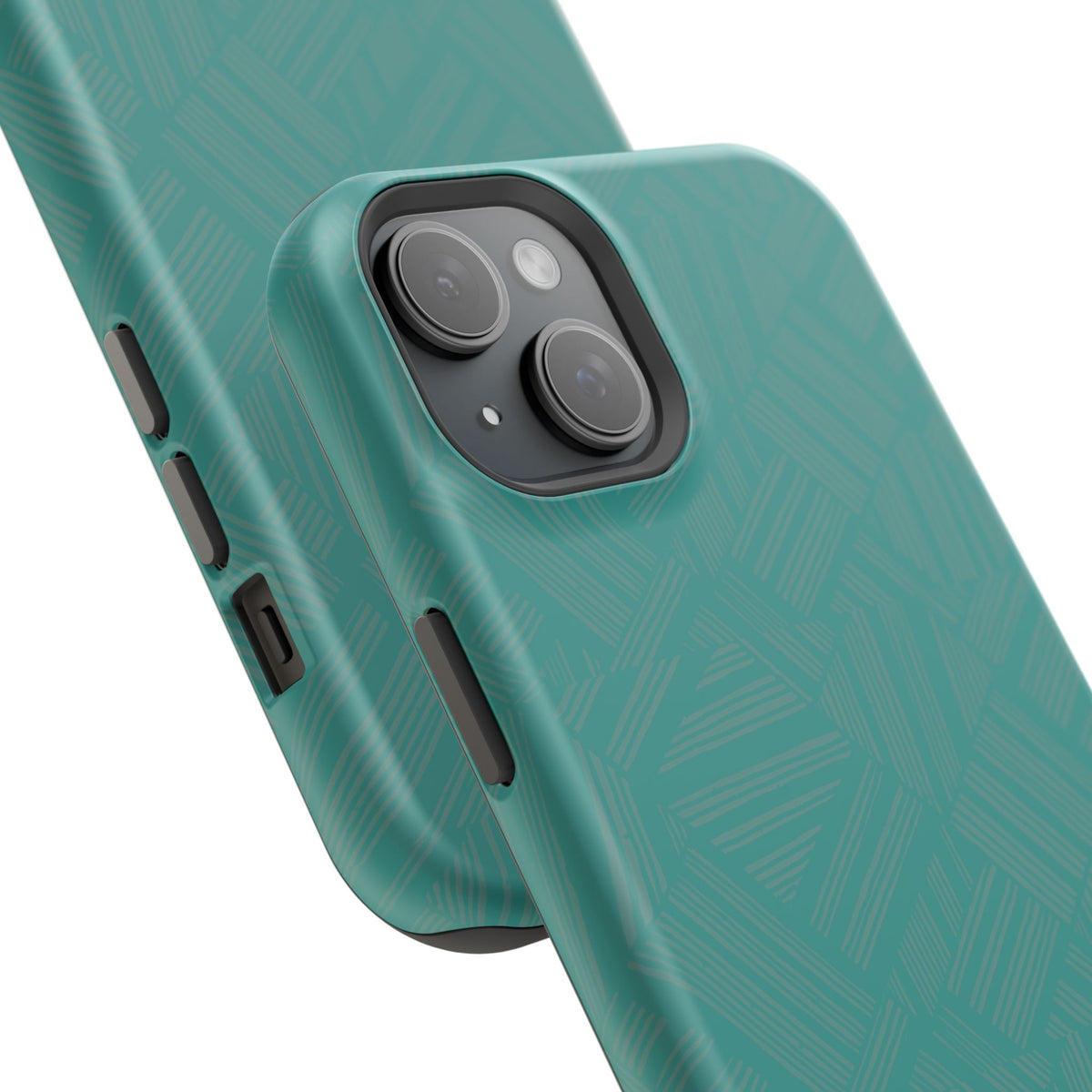 Magnetic Impact-Resistant Phone Case — Teal Geometric Protective Cover, magnetic iphone 18 pro case exploded view for dual-camera phone