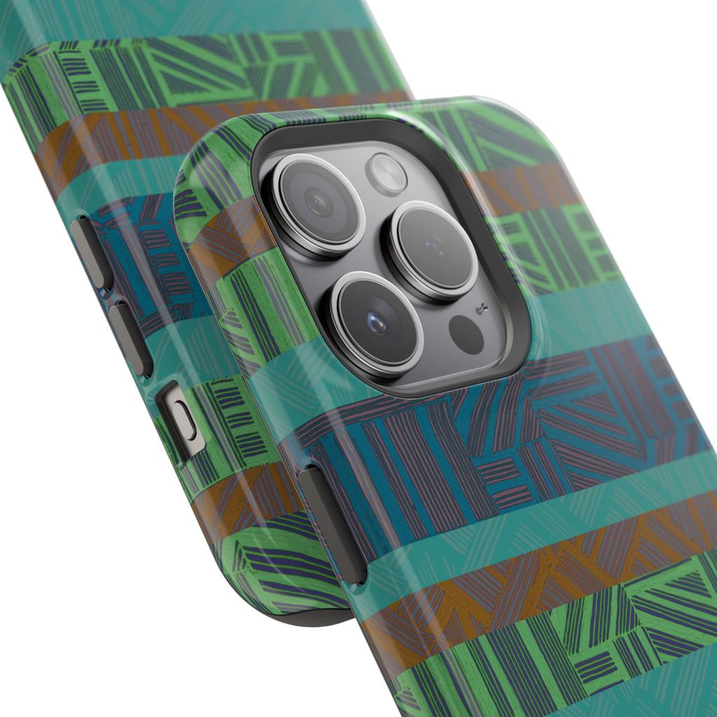 Green Geometric Stripe Phone Case — Impact-Resistant, wireless charging iphone 16 pro max case in an elevated studio lifestyle composition.
