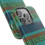 Green Geometric Stripe Phone Case — Impact-Resistant, wireless charging iphone 16 pro max case in an elevated studio lifestyle composition.