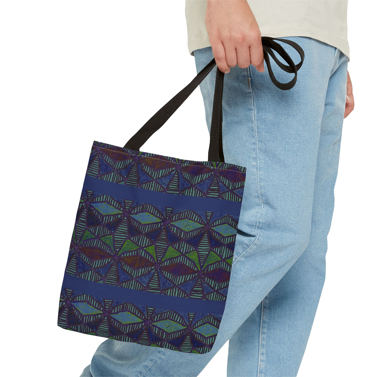 Geometric Indigo Printed Canvas Market Tote With Reinforced Handles And Boxed Corners, large cotton tote carried by hand with black handles