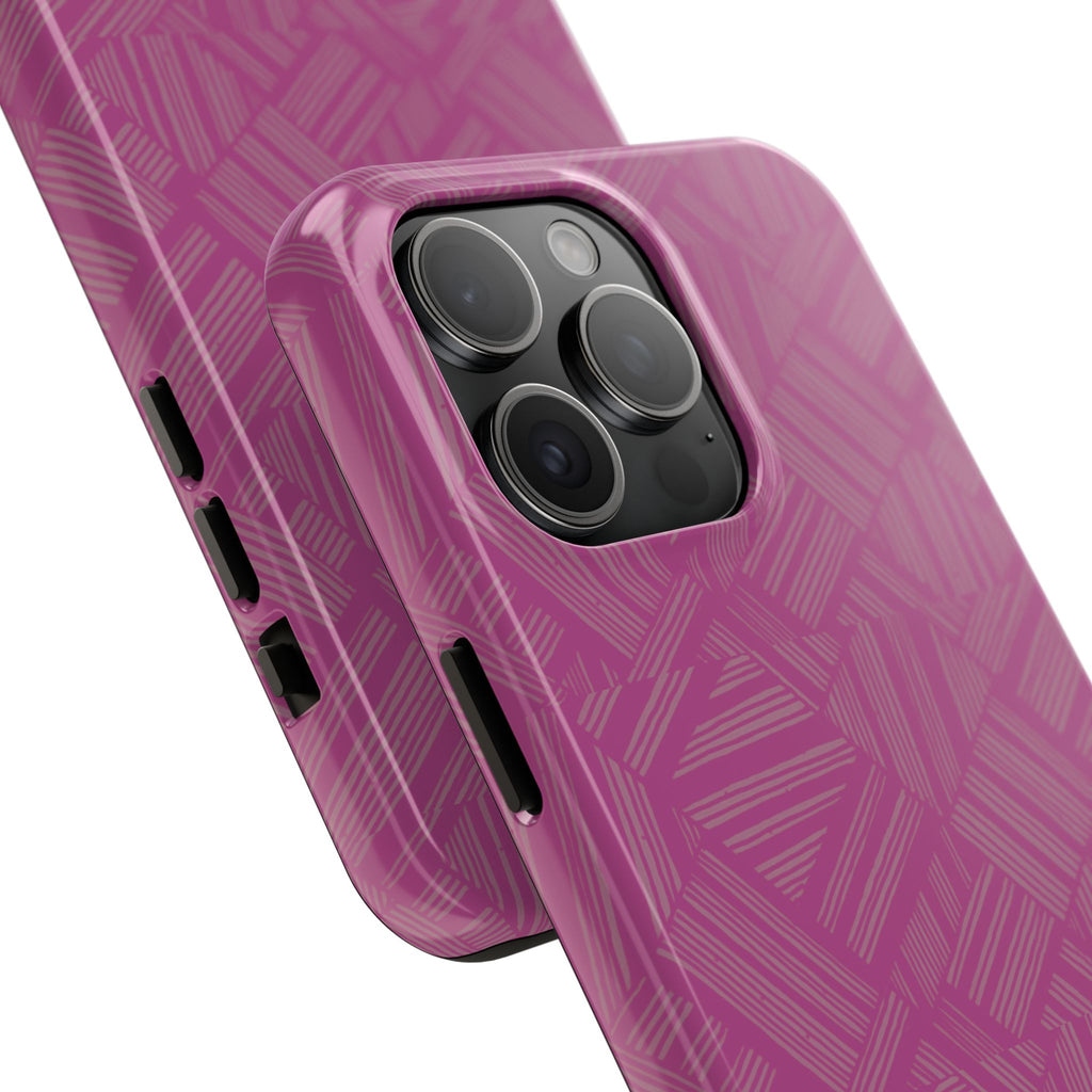 Magenta Geo Pattern Tough Phone Case — Protective Floral-Style Abstract Design, wireless charging iphone 18 pro case angled camera detail.