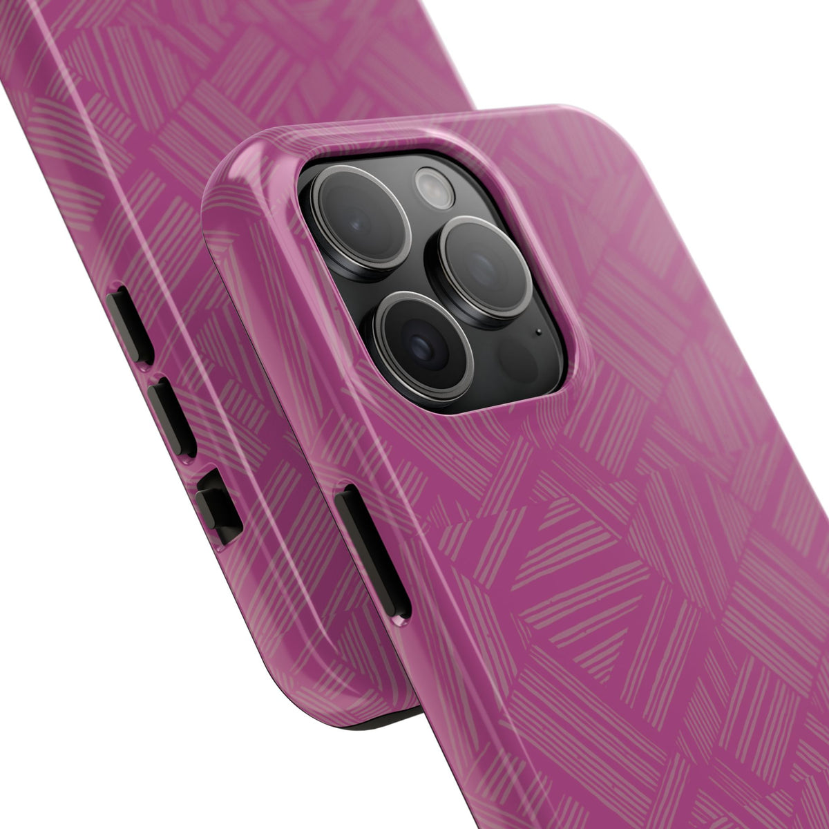 Magenta Geo Pattern Tough Phone Case — Protective Floral-Style Abstract Design, wireless charging iphone 18 pro case angled camera detail.
