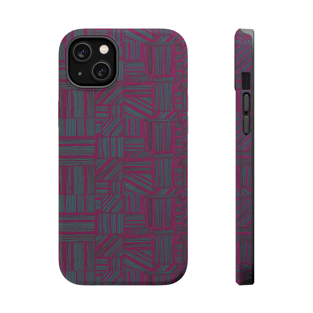 Slim Protective Phone Case With MagSafe, Dual-Layer Impact Protection, Plum Geometric Design, rear view highlighting teal and charcoal geometric lines; slim protective iphone 16 promax  case.