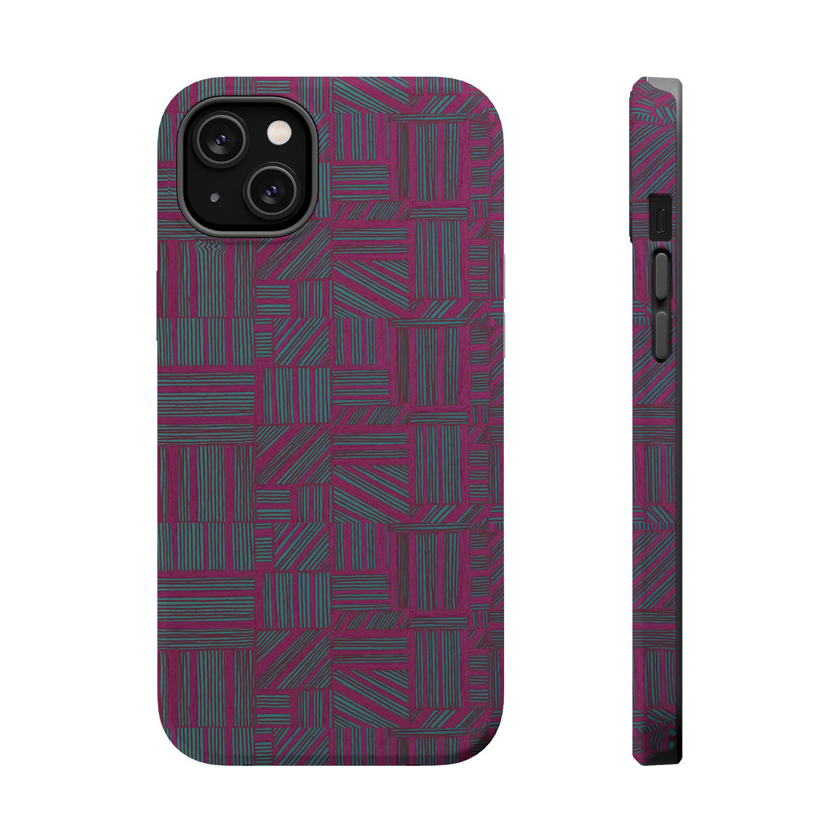 Slim Protective Phone Case With MagSafe, Dual-Layer Impact Protection, Plum Geometric Design, rear view highlighting teal and charcoal geometric lines; slim protective iphone 16 promax  case.