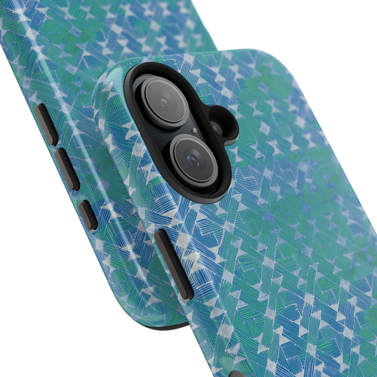 Tough Phone Case — Blue-Green Geometric Watercolor Pattern, shockproof iphone 17 pro case exposed charging and speaker openings