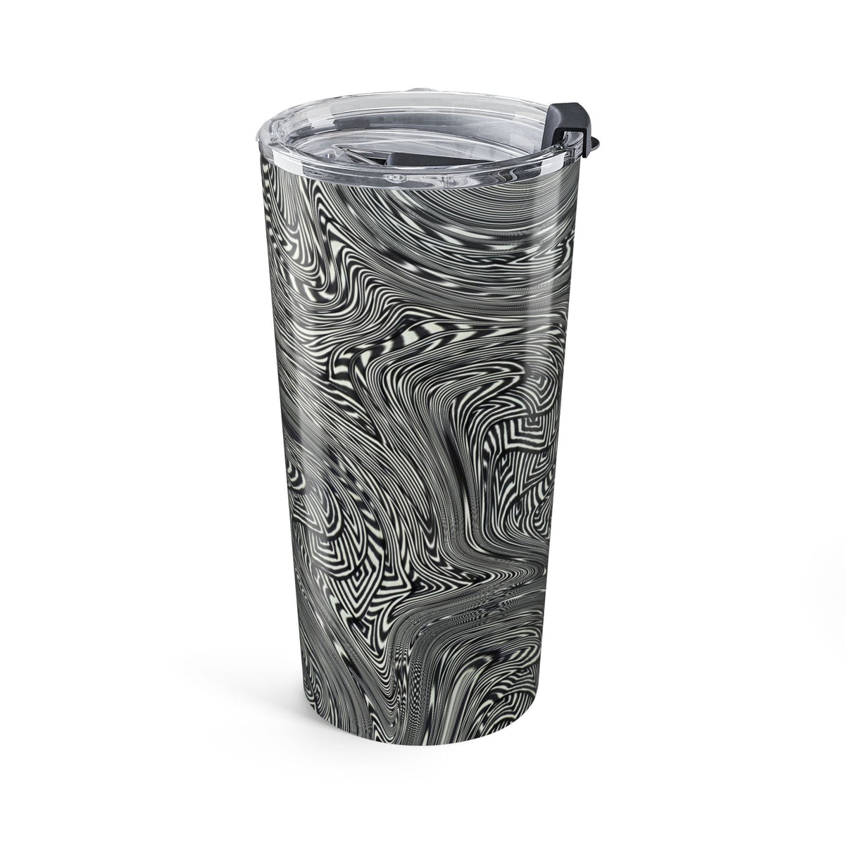 20oz Stainless Travel Tumbler showcasing an elegant abstract black and white design by Printify. This dishwasher safe tumbler is an exquisite choice for an office water cup or as a thoughtful gift for her, blending style and practicality for everyday use.