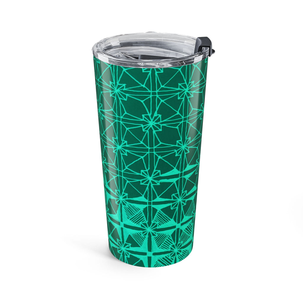 Close-up view of the 20oz Geometric Teal Tumbler's glossy finish, a perfect blend of aesthetics and functionality as a vacuum insulated stainless steel cup.
